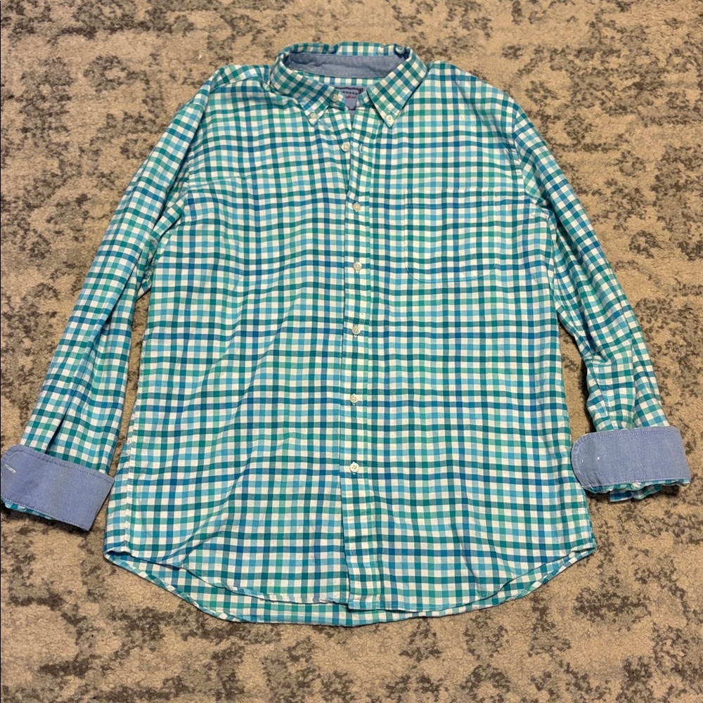 Saddlebred Vintage Oxford Button Down in Blue, Teal & White size Large